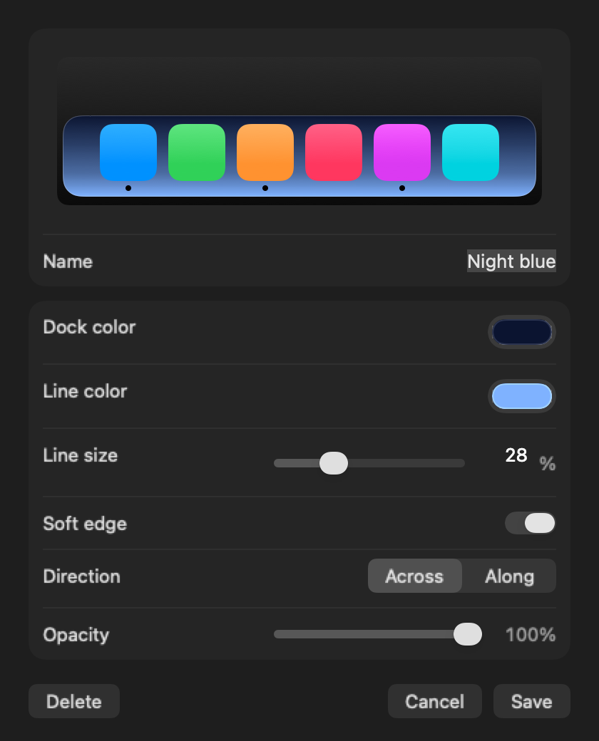 The style editor with colors, line size, soft edge, direction and opacity