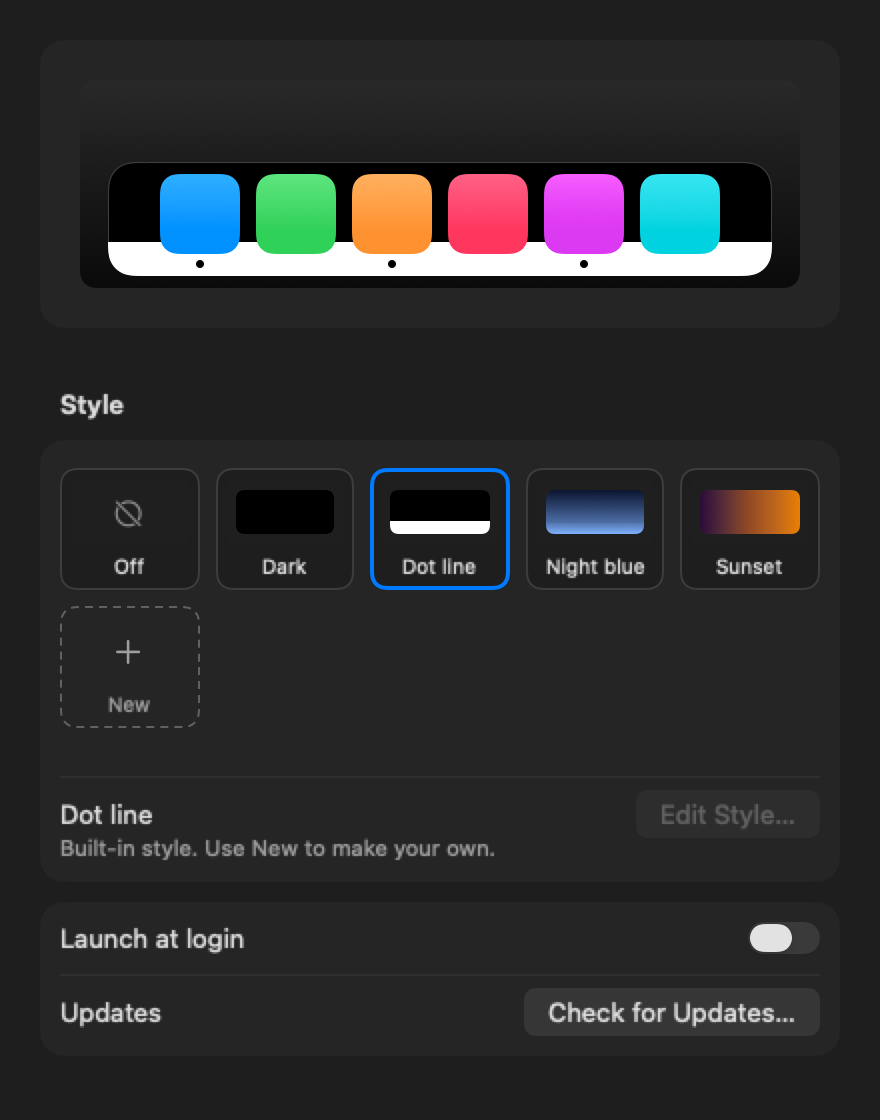 The Settings window with a Dock preview and style tiles